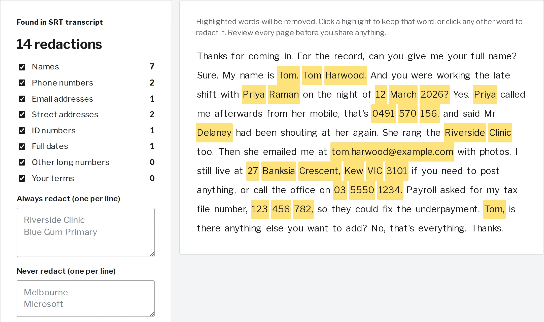 Redact reviewing a made-up interview, highlighted words marked to come out.