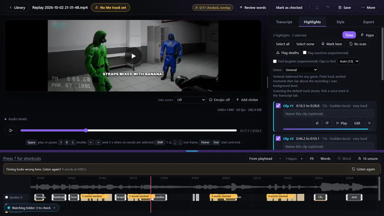 The Substrike editor with a clip of two players in hazmat suits, the caption Straps mixed with banana, and two highlights found.